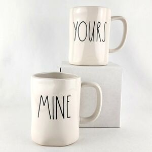 Rae Dunn Artisan Collection 2 White  Mugs Black Large Letters YOURS & MINE